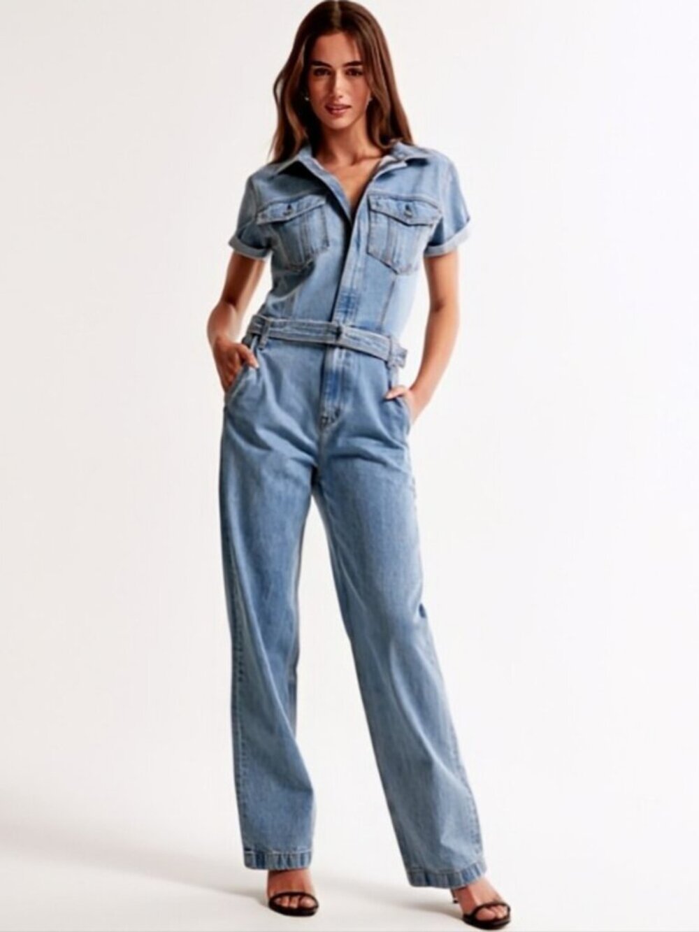 Abercrombie & Fitch Petite Denim Belted Jumpsuit, Blue Wash, MP